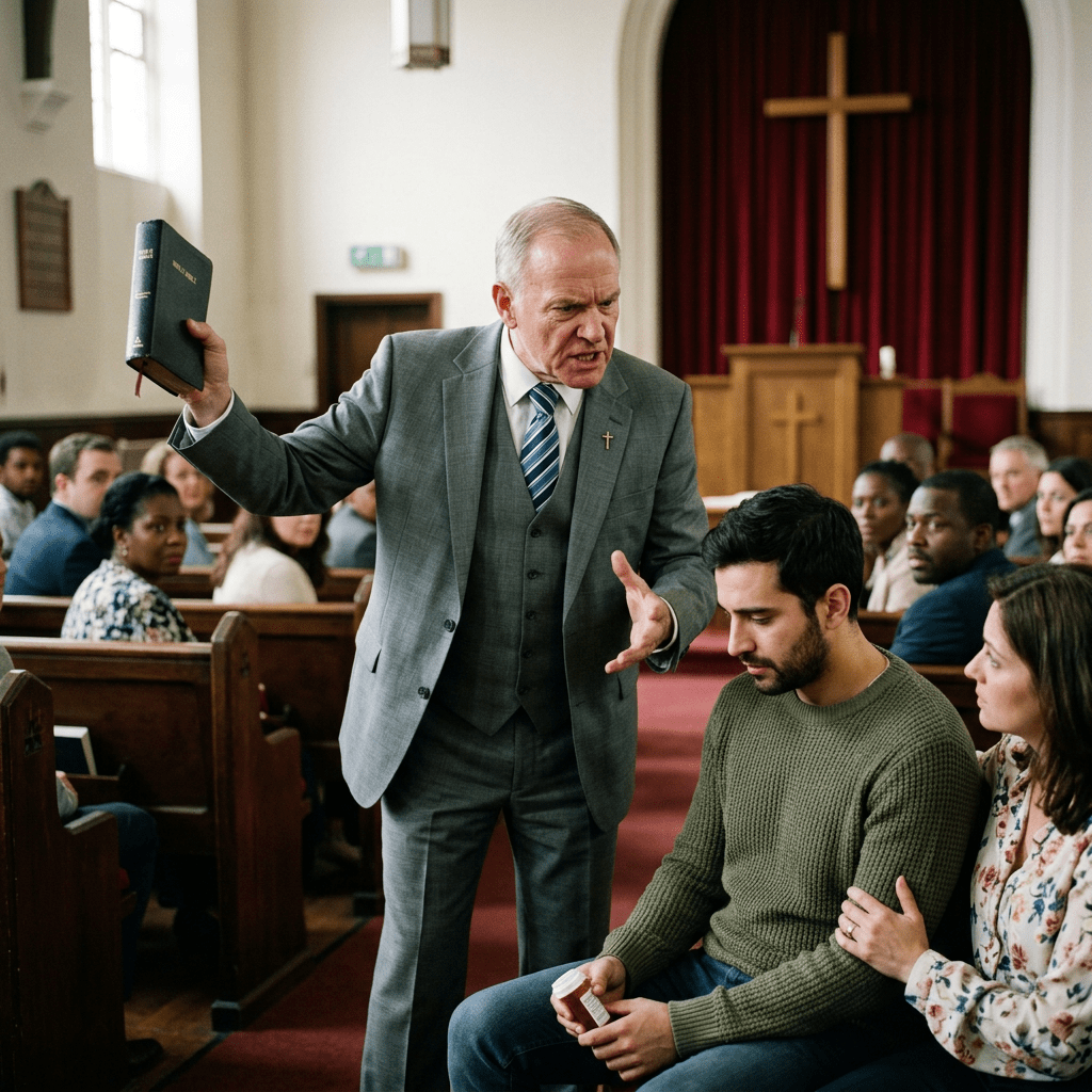 Pastor speaking firmly to a young man holding a prescription bottle in church with a woman comforting him and congregation members watching