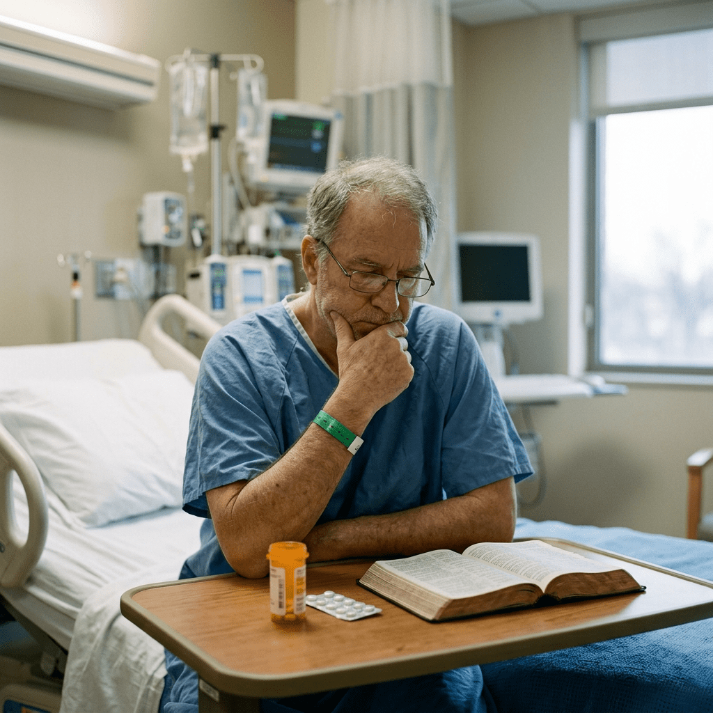 Older male patient in hospital gown reading a book with medication on table