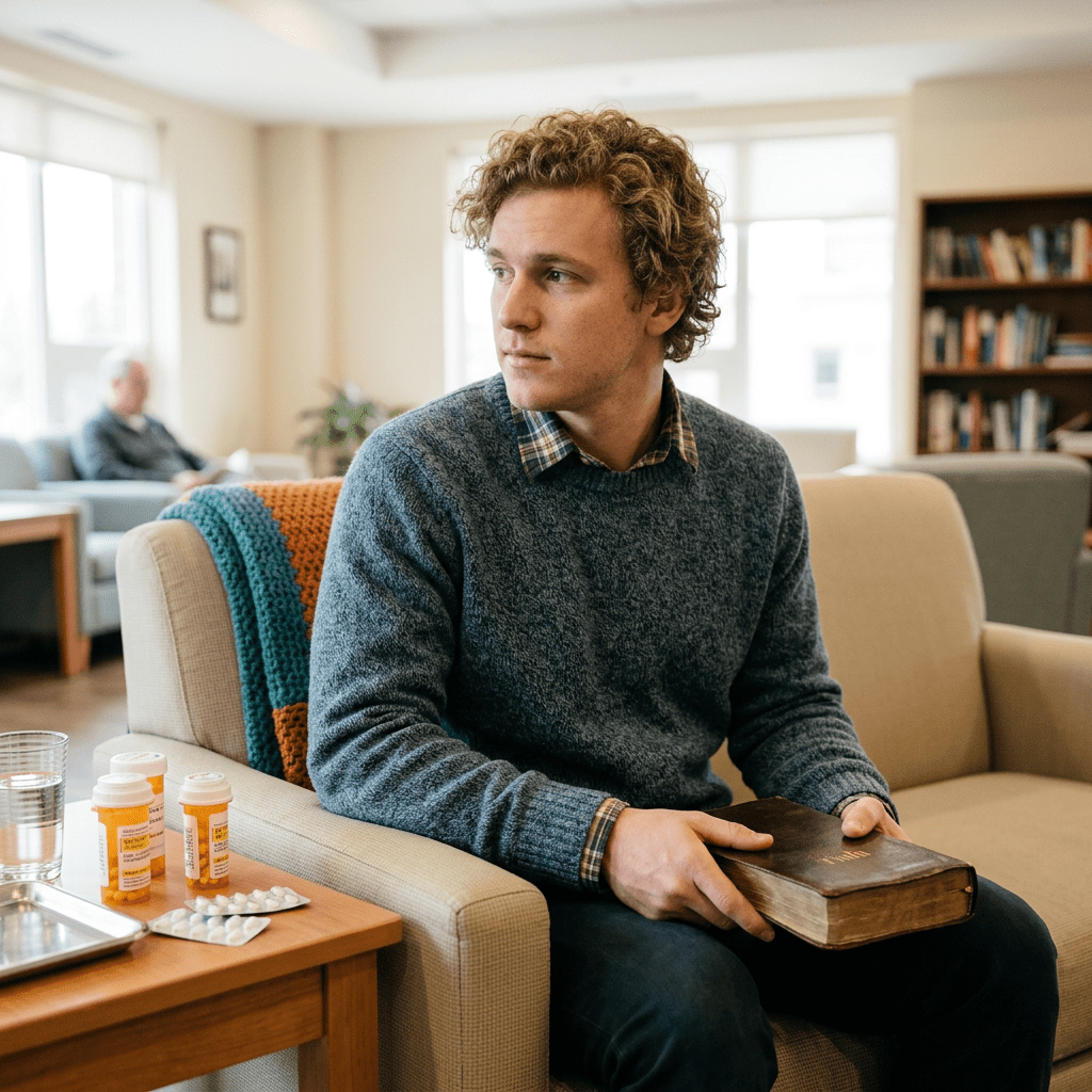 Young man in blue sweater holding a book, sitting on a couch in a living room with medication bottles on a side table