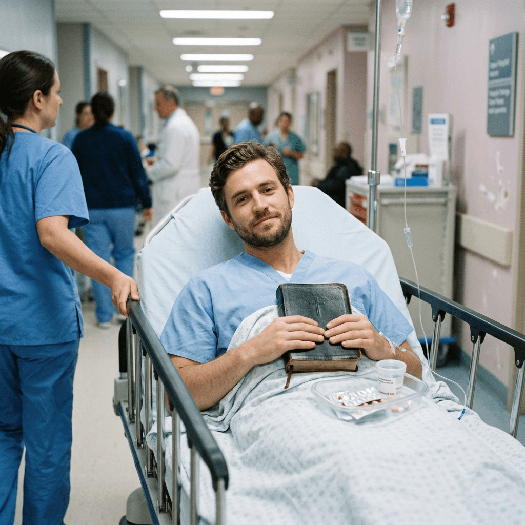 Handsome patient on stretcher with medications and Bible