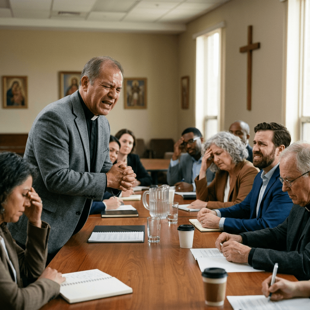 Priest speaking passionately at a meeting with stressed group members