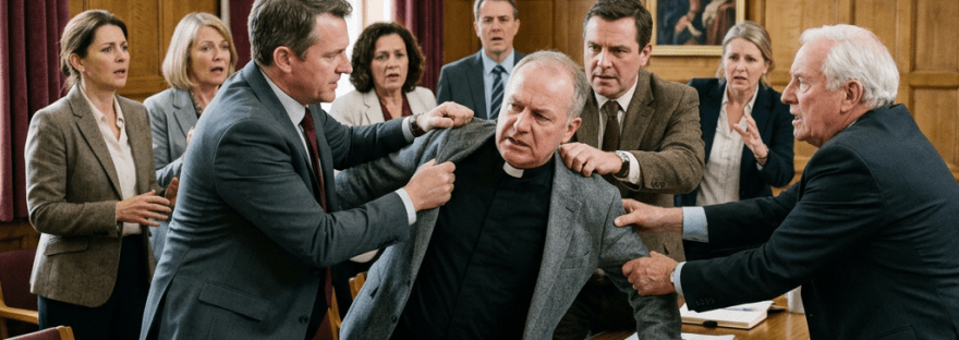 Group of people in a church meeting room restraining a priest during a heated argument