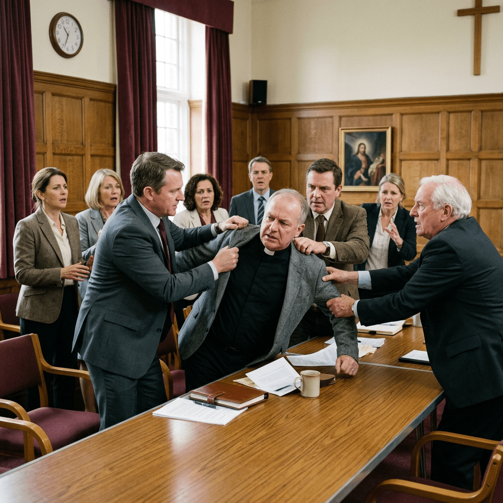 Group of people in a church meeting room restraining a priest during a heated argument