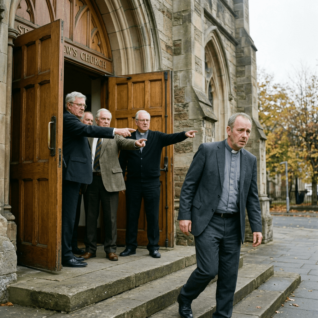 Group of clergymen pointing and confronting a priest walking away from church entrance