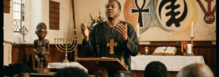 Man praying at a church podium with interfaith symbols and congregation praying