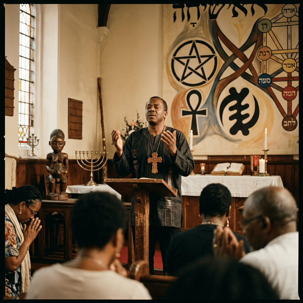 Man praying at a church podium with interfaith symbols and congregation praying