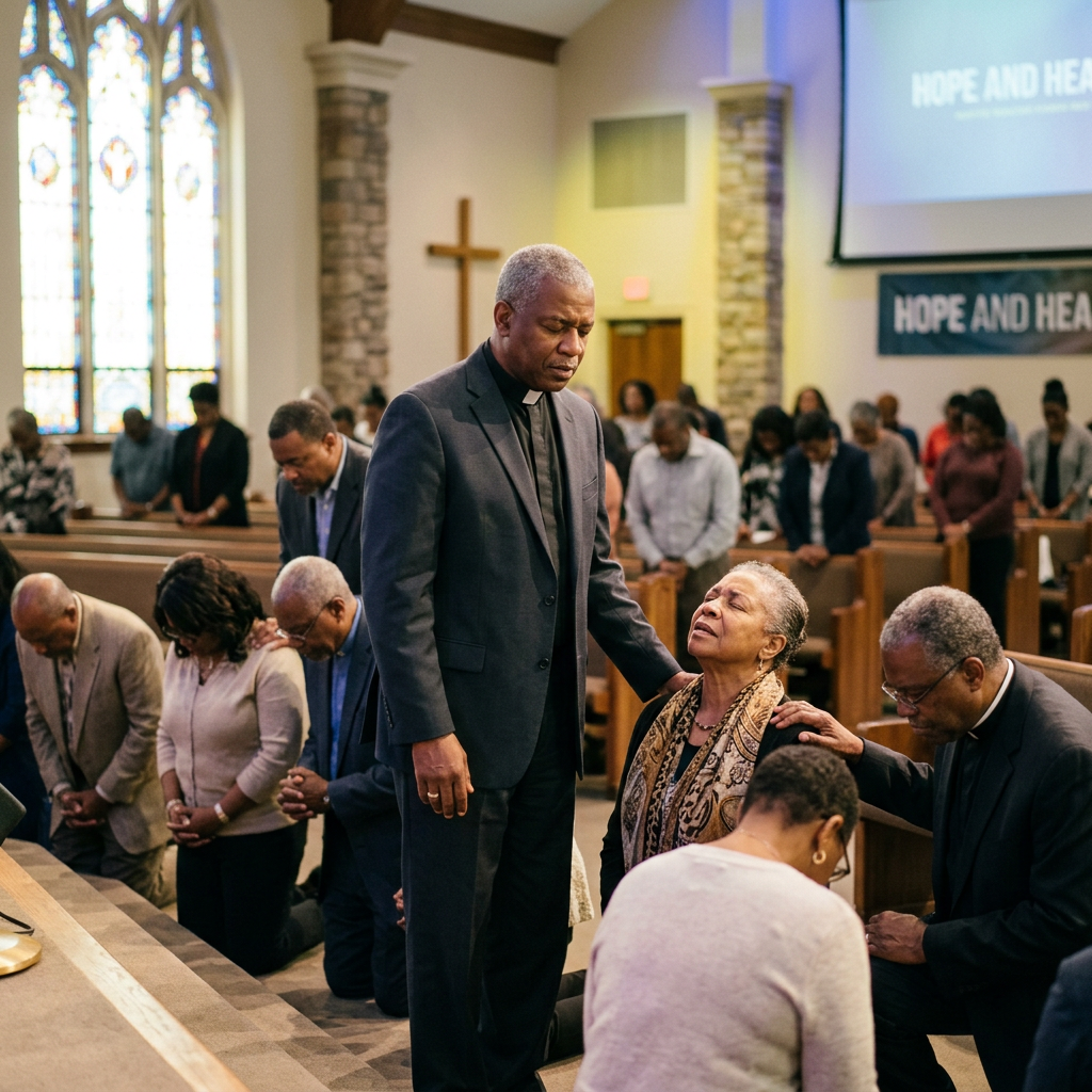 People praying and kneeling inside a church with a pastor laying hands on a woman.