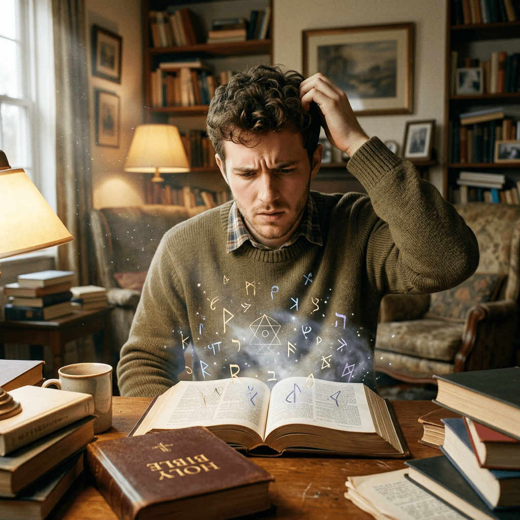 Young man reading an ancient book with glowing mystical symbols emerging from it