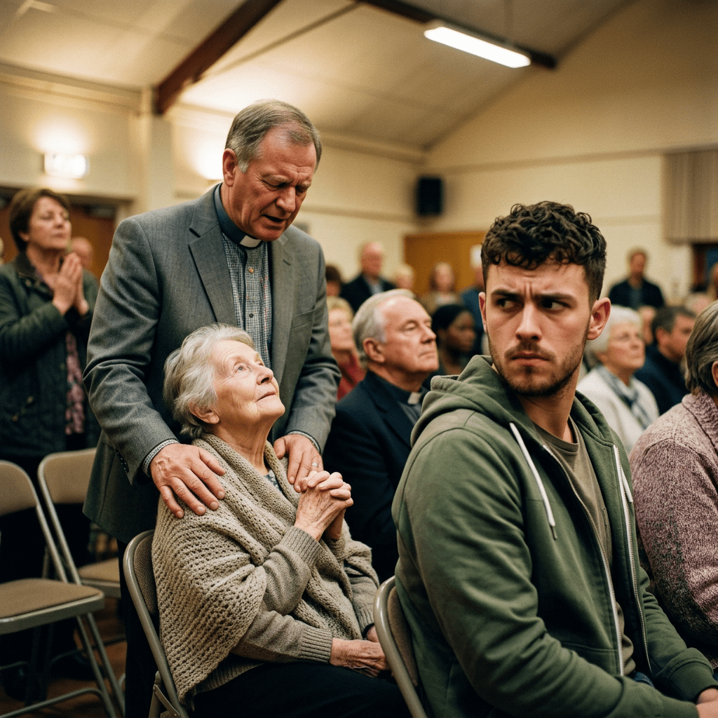 Young man distrusts preacher praying for sick woman