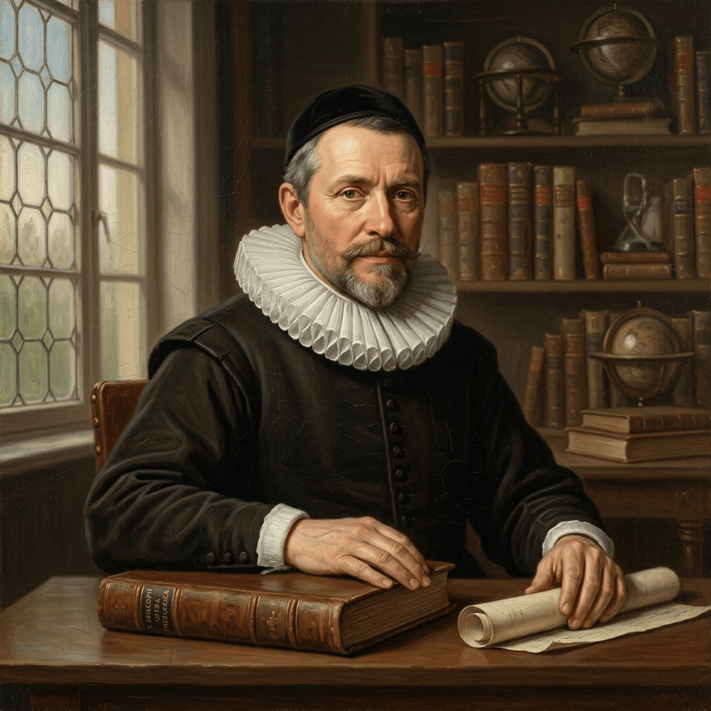 A 17th-century man wearing a black cap and ruffled collar sitting at a desk with a large book and scroll, with bookshelves in the background.