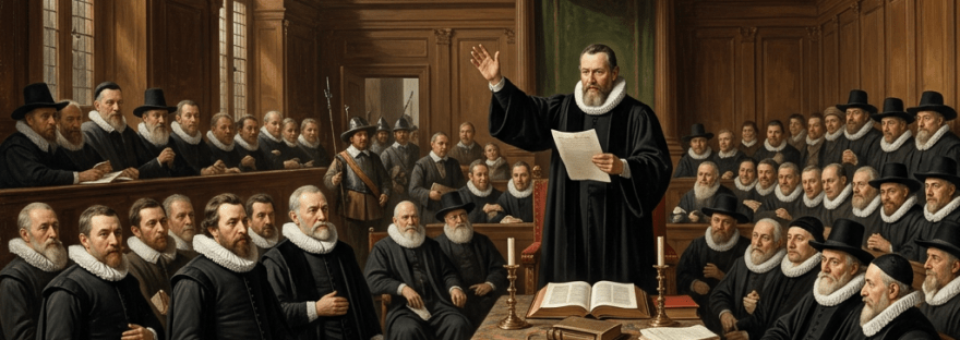 Men in black robes and white collars gathered in a large wooden chamber listening to a man reading from a paper at a central table