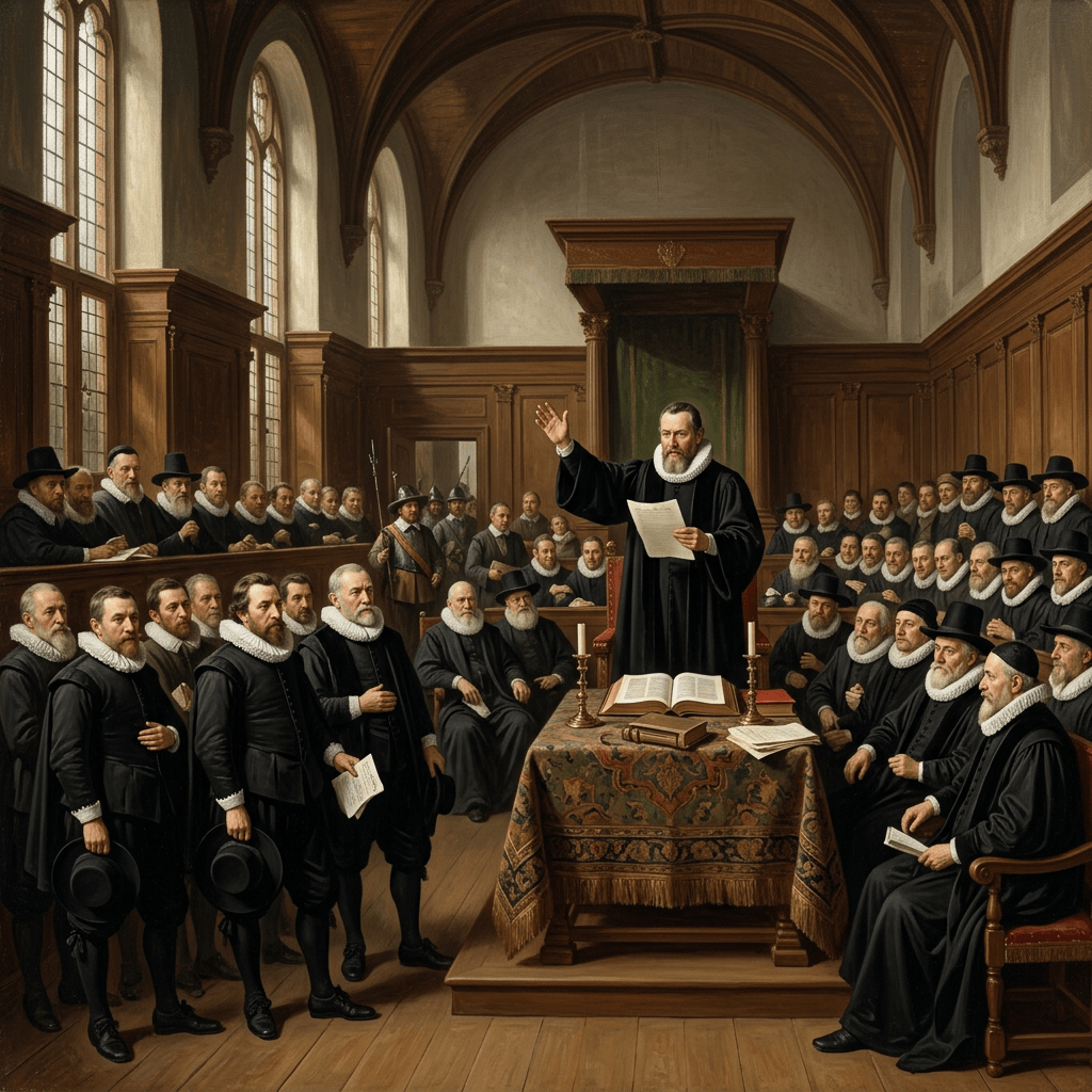 Men in black robes and white collars gathered in a large wooden chamber listening to a man reading from a paper at a central table