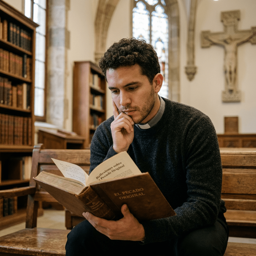 Young clergyman reading a Spanish book titled El Pecado Original in church library