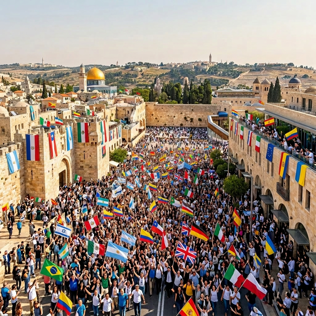 Crowd in Jerusalem holding Israeli and rainbow flags with peace signs