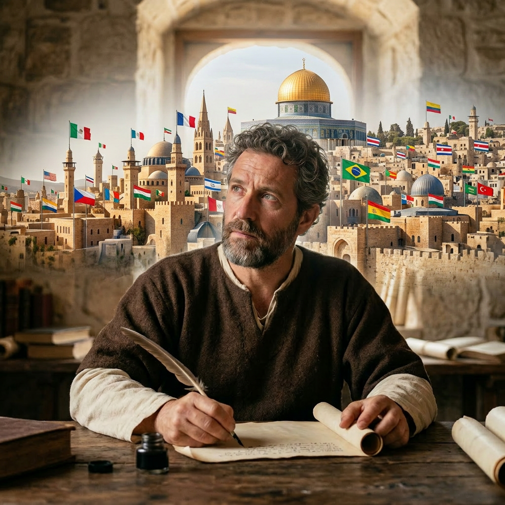 Medieval man writing on parchment with quill, imagining a modern cityscape with international flags