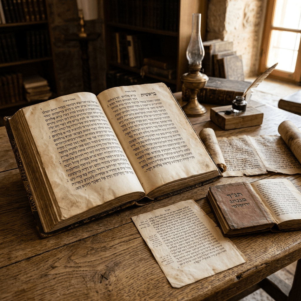 Biblia en hebreo abierta con manuscritos