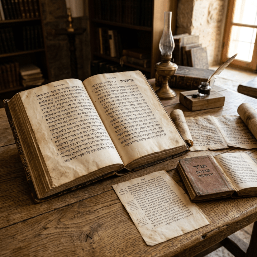Biblia en hebreo abierta con manuscritos