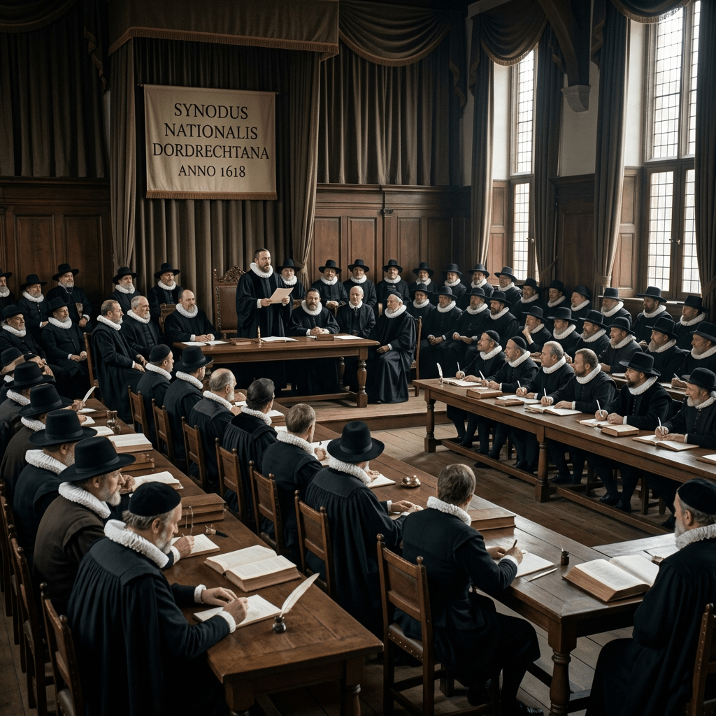 Early 17th-century religious council meeting with men in period clothing around tables