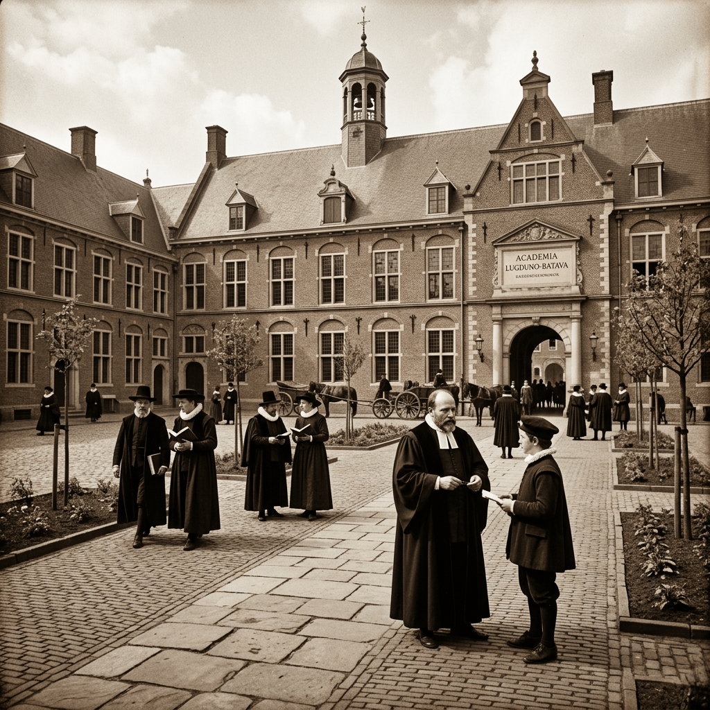 Group of scholars dressed in period clothing in a university courtyard with historic brick buildings and an archway entrance.