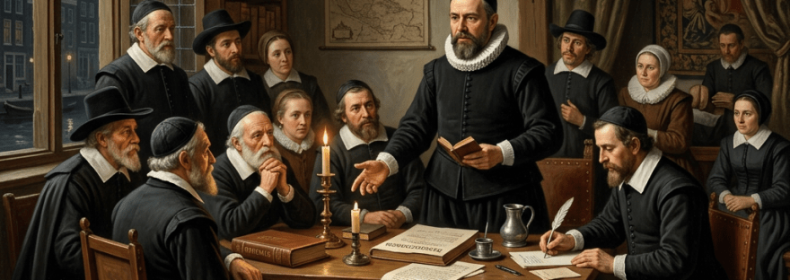 Seventeenth-century scholars in traditional attire debating and writing around a wooden table with books, candles, and a dog lying nearby