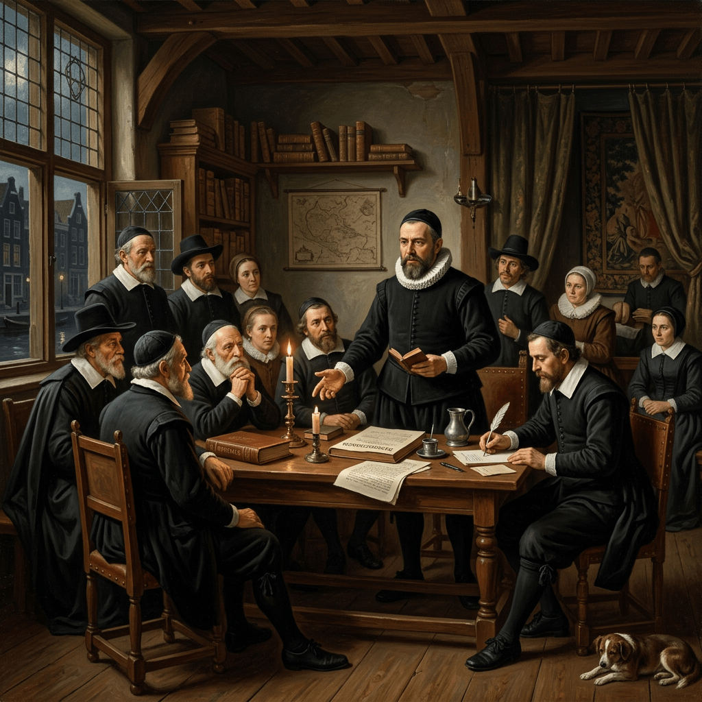 Seventeenth-century scholars in traditional attire debating and writing around a wooden table with books, candles, and a dog lying nearby