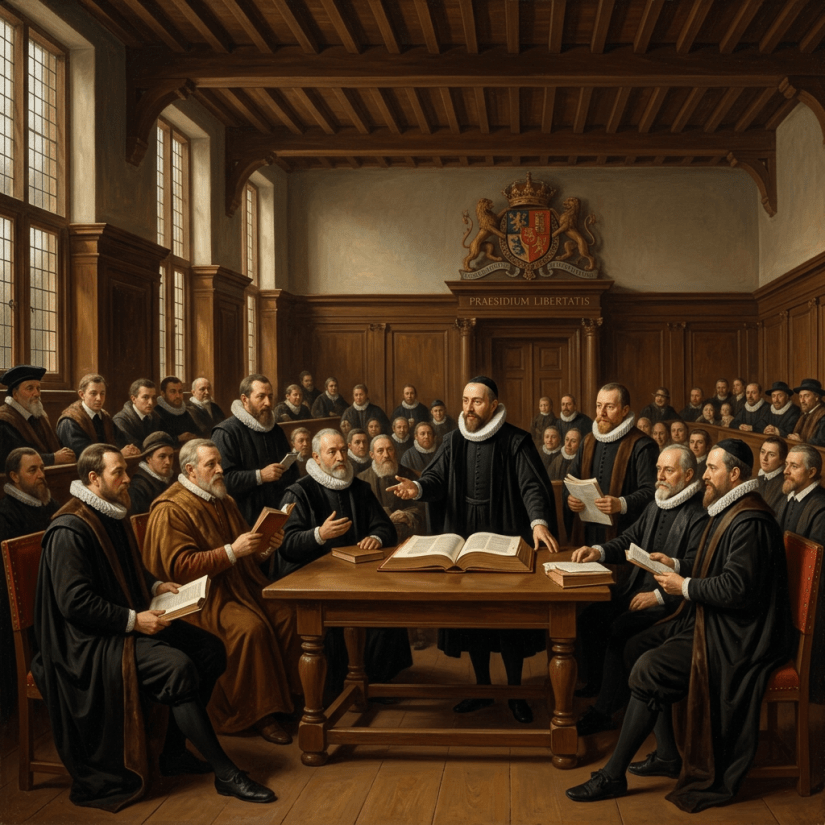 17th-century Dutch officials in formal attire seated and standing around a table in an assembly hall
