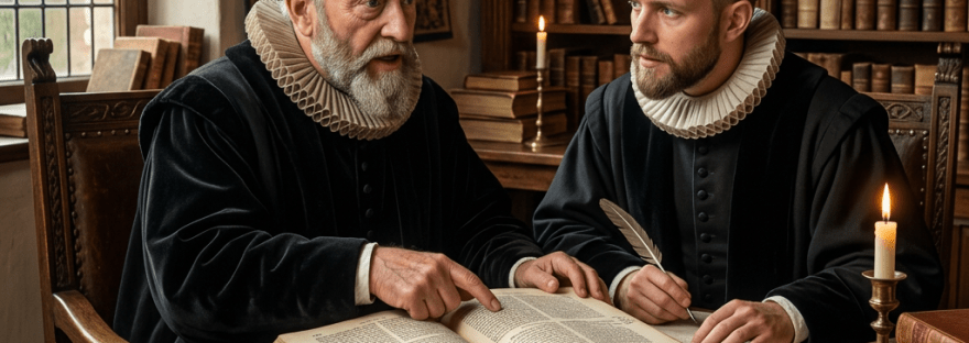 Two men dressed in historical scholar attire examining an old book in a library