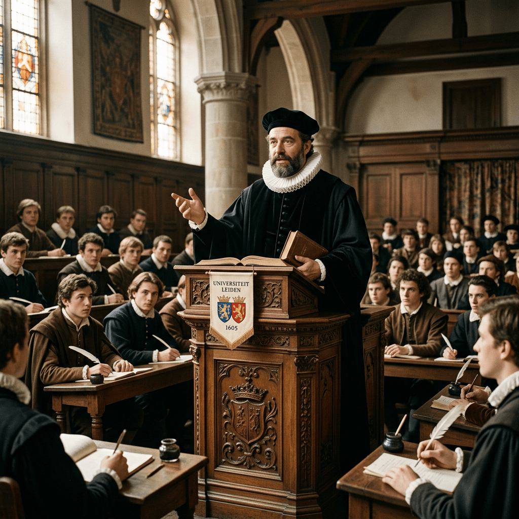 Professor in traditional attire lecturing students at Leiden University in 1605 classroom
