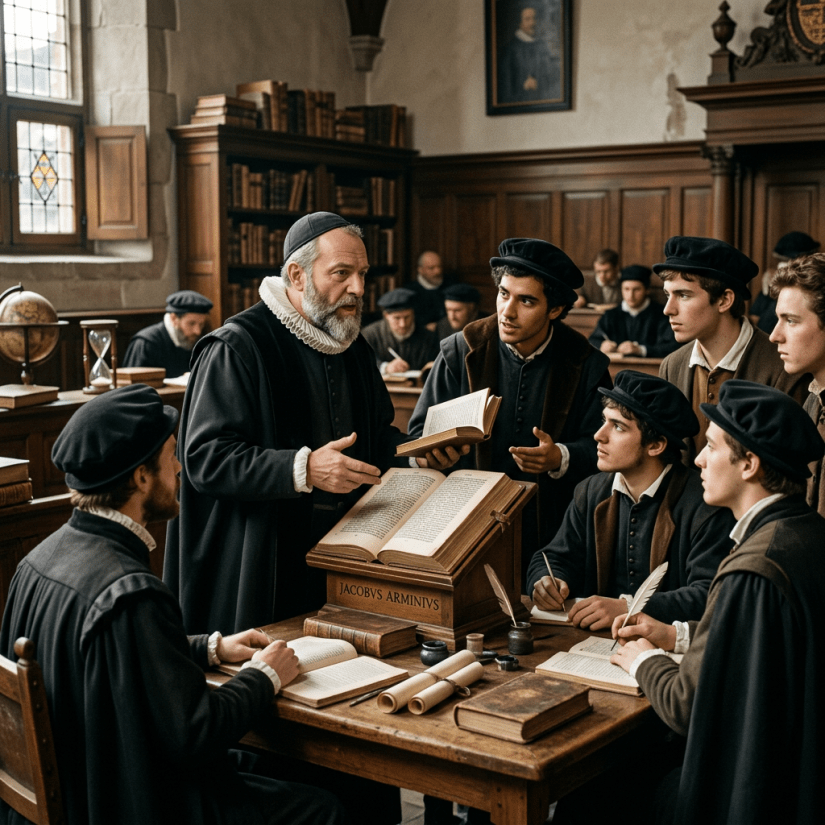Professor speaking to students around a wooden table with open books in a historic classroom