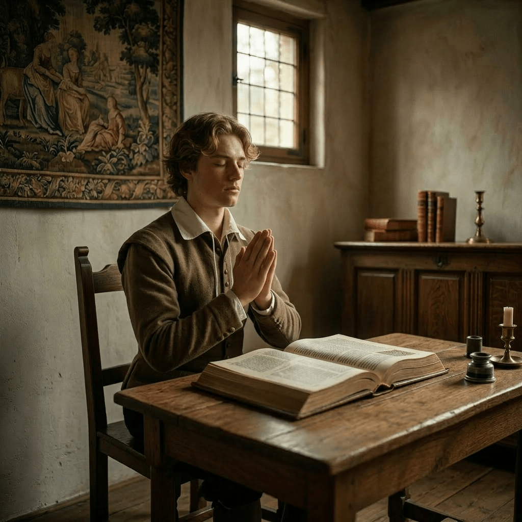 Young man sitting cross-legged, meditating with eyes closed in a historic room