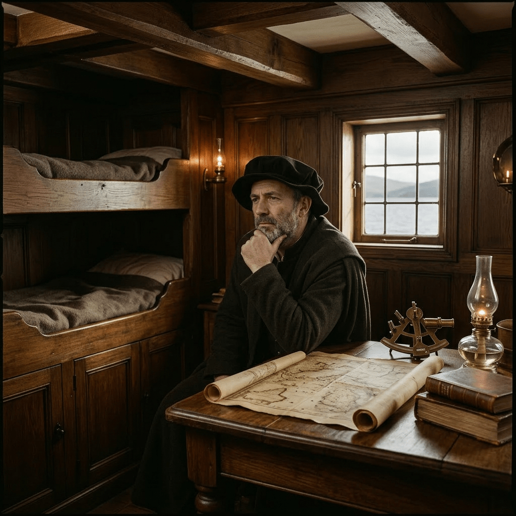 Man in traditional dark clothing and hat leaning on wooden boat rail looking thoughtfully at sea