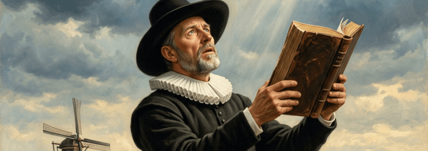 Puritan preacher in black clothing reading a book with sunlight shining from the sky
