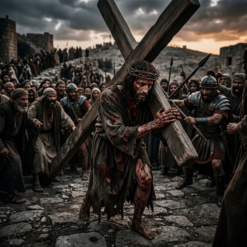 Jesus carrying a wooden cross, wearing crown of thorns, surrounded by angry crowd and Roman soldiers