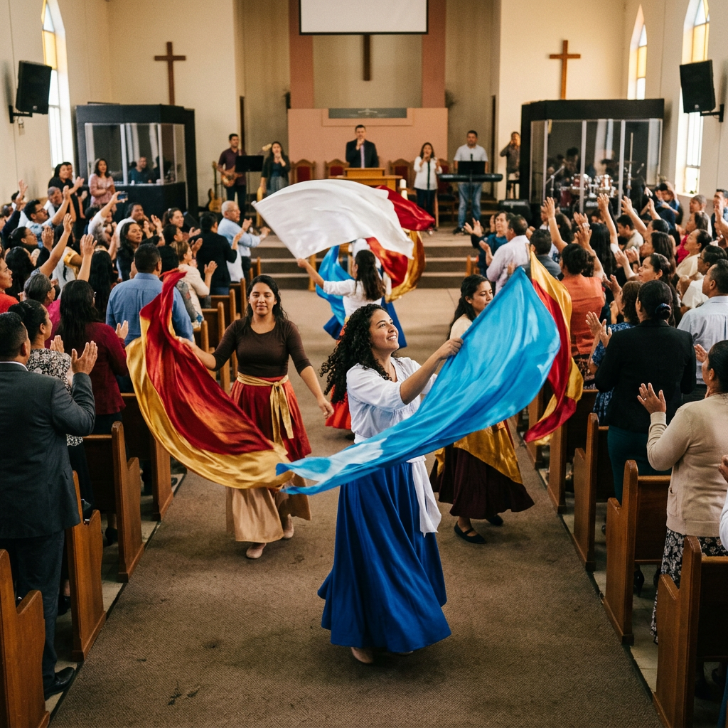 Women dancing and waving colorful flags in a church filled with worshippers
