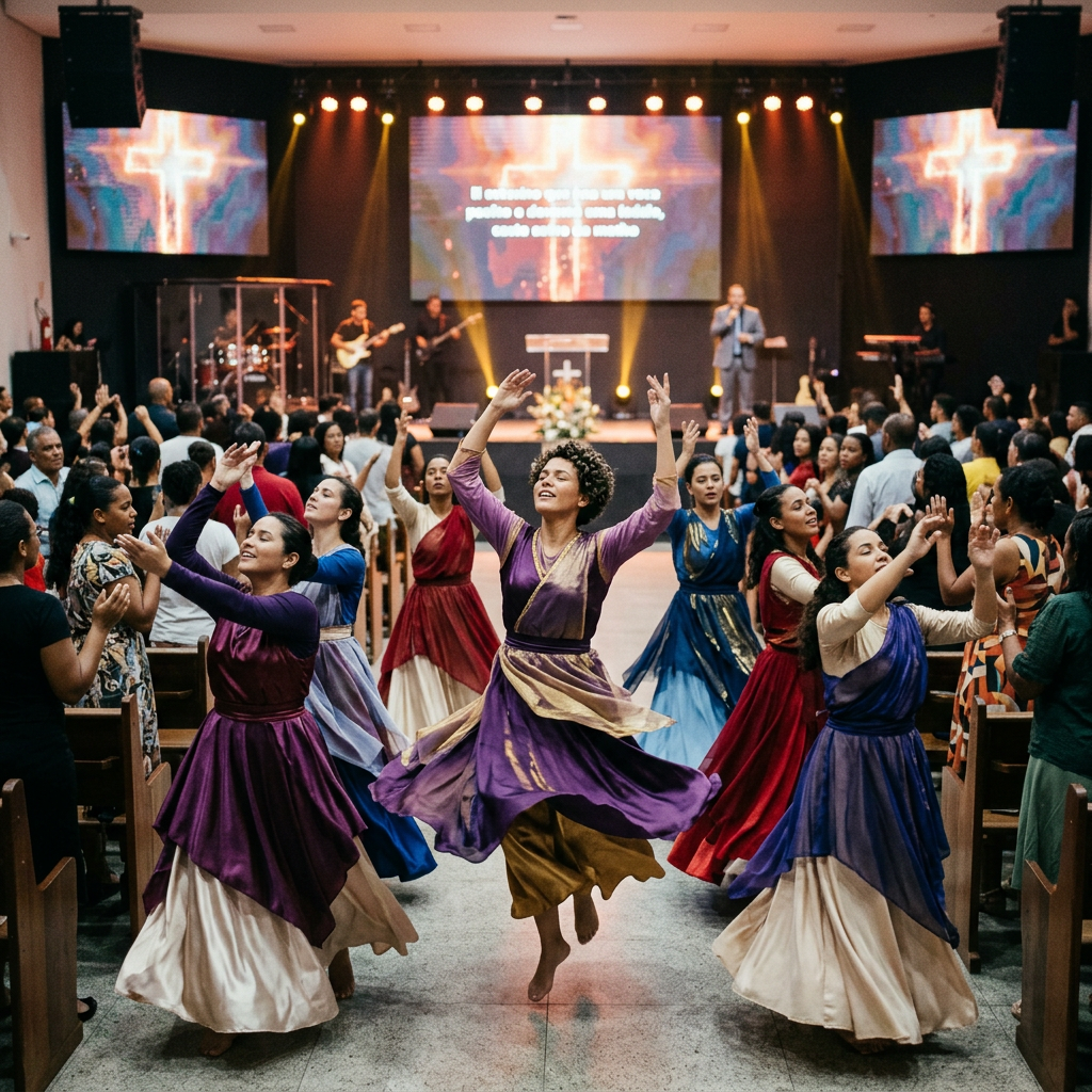 Group of women performing expressive worship dance in colorful dresses inside a church.