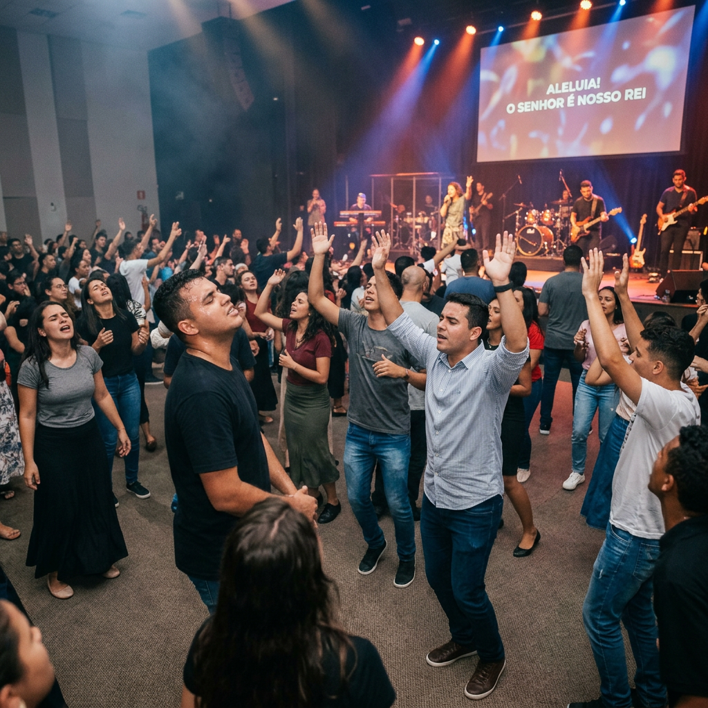 Congregation raising hands and singing during worship with live band on stage