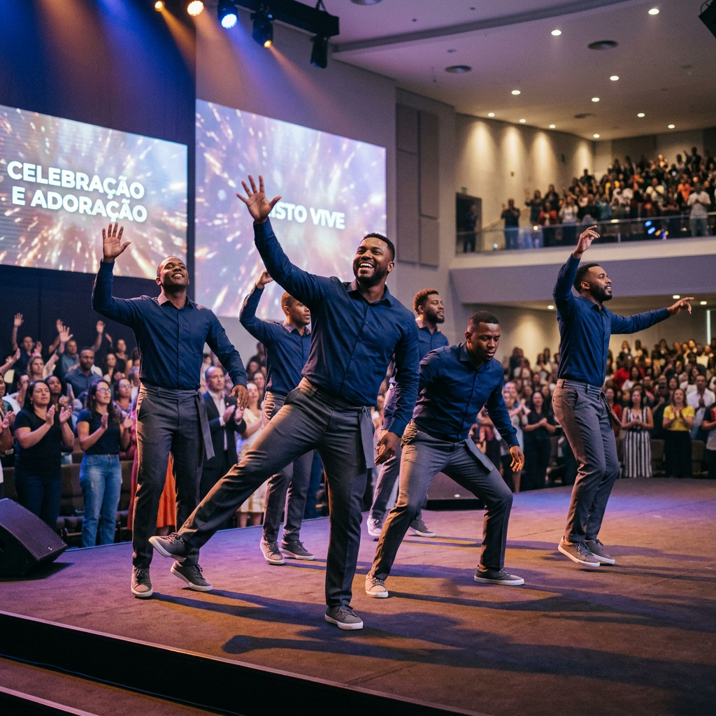 Men dancing choreography in neopentecostal church