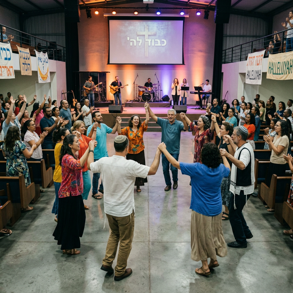 Congregation holding hands in a circle while worshipping with a live band on stage