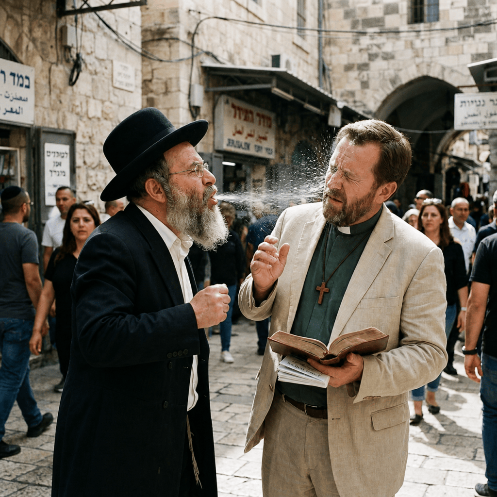 Jewish man speaking with Christian clergyman holding an open Bible