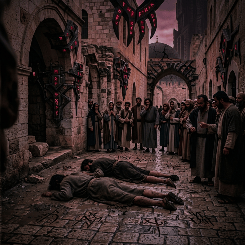 Crowd gathered around two fallen figures in an ancient stone alley