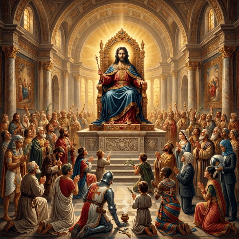 Christ enthroned in a church as angels and worshippers surround him