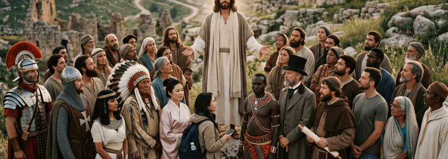 Jesús de pie rodeado por humanos diversos