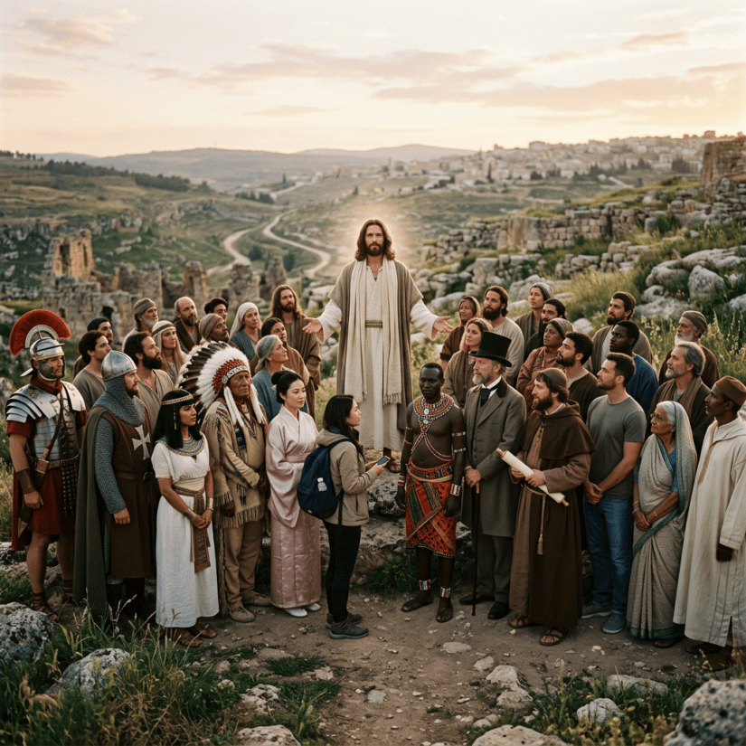 Jesús de pie rodeado por humanos diversos