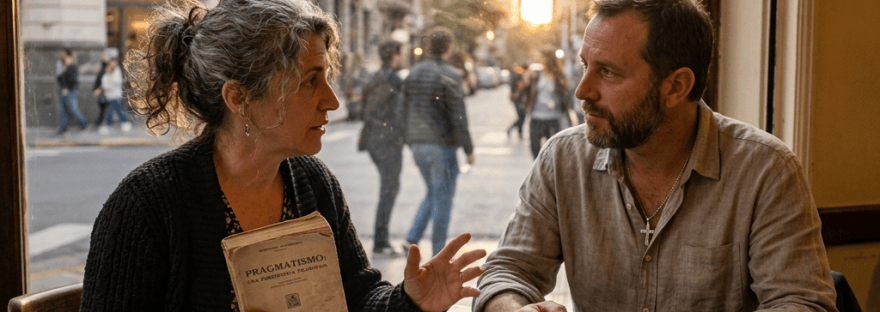 Two people discuss philosophy over coffee beside a window marked CAFE