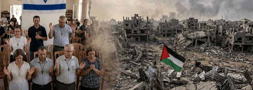People praying beneath an Israeli flag beside Palestinian flag amid destroyed buildings