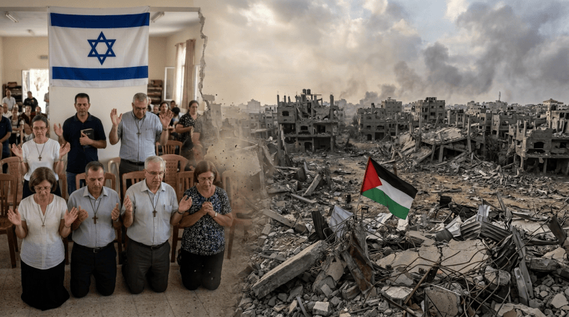 People praying beneath an Israeli flag beside Palestinian flag amid destroyed buildings