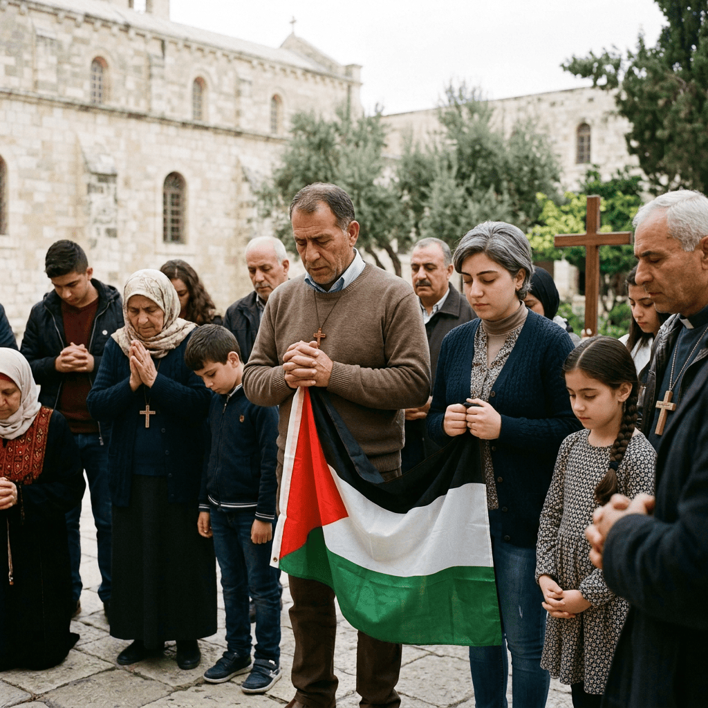 People praying together while holding a Palestinian flag outside a stone church