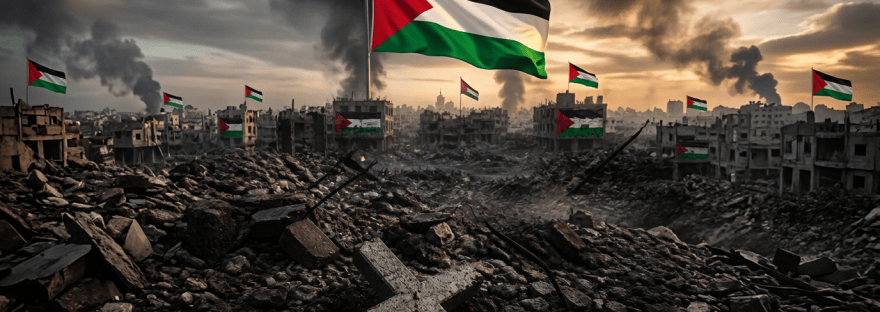 Palestinian flag flying above destroyed buildings and rubble