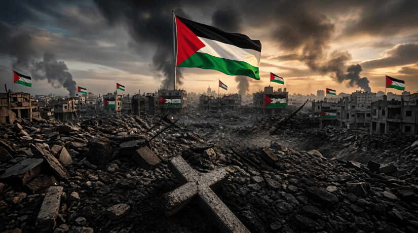 Palestinian flag flying above destroyed buildings and rubble