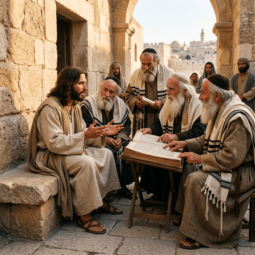 A robed teacher discusses scripture with Jewish scholars in an ancient stone courtyard.